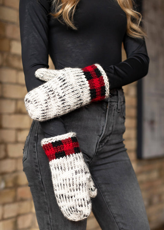 Gray Heather Mittens w/ Red Plaid Trim