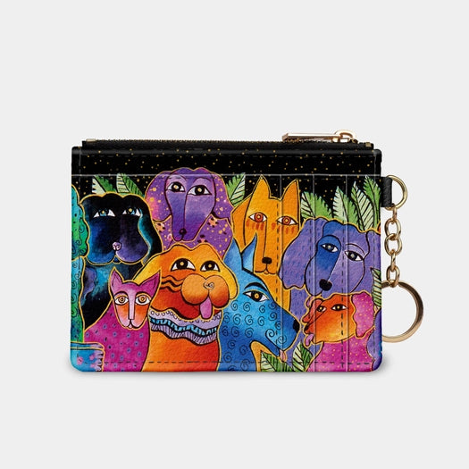 RFID Credit Card Wallet  with zipper pouch and gold tone key chain. Vibrant multi-color dog faces looking adorable print on vegan leather. Size 5 inches by 3 1/4 inches