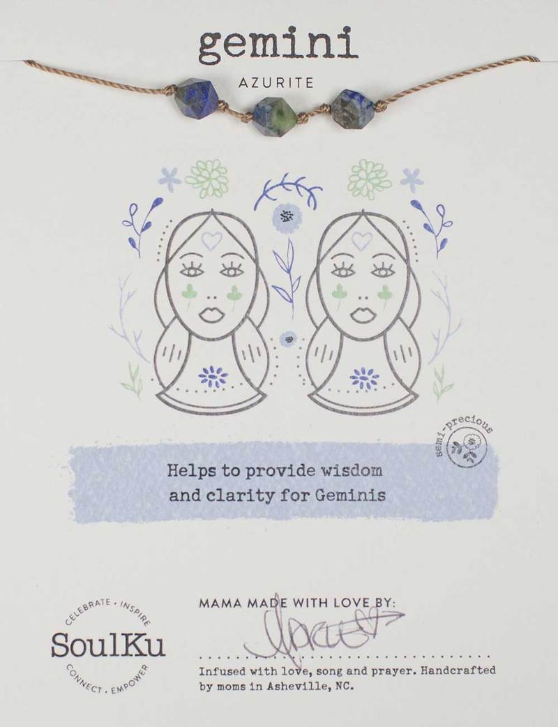 Gemini Azurite Soulku Zodiac birthstone Necklace adjustable nylon cord necklace birthstone hand made in USA for girls women 