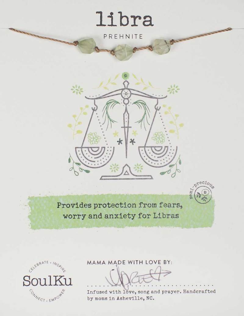 Libra Prehnite Soulku Zodiac birthstone Necklace adjustable nylon cord necklace birthstone hand made in USA for girls women 