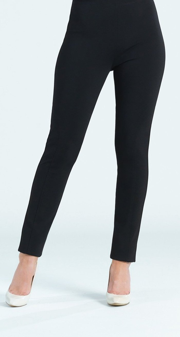 Color black Ponte Rider Pant. Clara Sunwoo Ponte Slim Rider Pant is tailored to perfection! This full length legging features a slim fitting shape that offers a more substantial and structured fabric feel, 1” pull-on elastic waistband, a slender mid-thigh seam that accentuates the leg down to a fitted tapered hem.  70% Polyester, 20% Rayon, 10% Spandex Made in  USA.