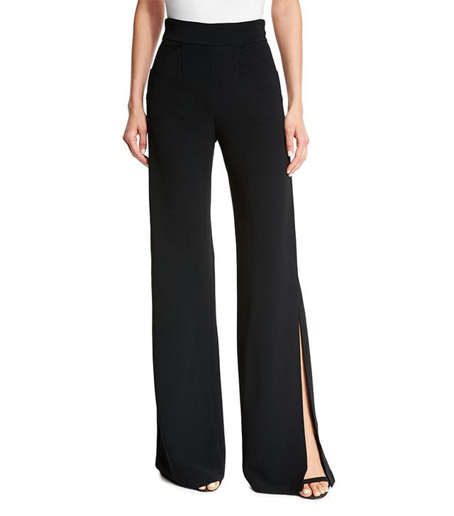 Dressy Slit Leg Pant. Elegant and comfortable wide leg, lined Silk-feel polyester pants features and elastic waist and side slit detail on the legs from hem to mid-calf.   Pair with Dressy Tank  Polyester | Washable | Imported