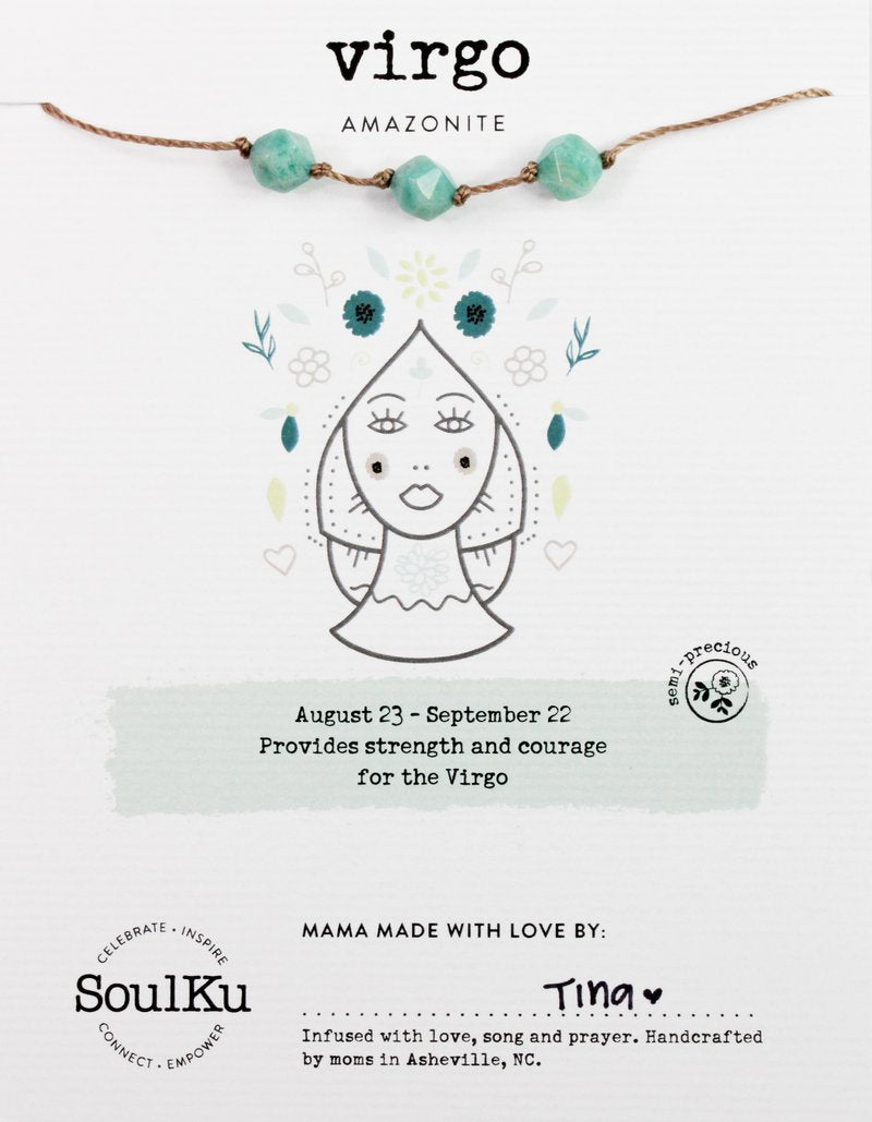 Virgo Amazonite Soulku Zodiac birthstone Necklace adjustable nylon cord necklace birthstone hand made in USA for girls women 